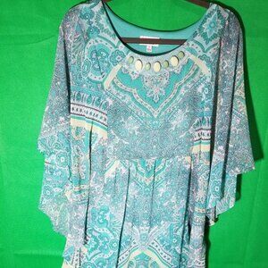 Signature by Robbie Bee Chiffon Dress Size 12 Teal Paisley Pattern Boho Peasant